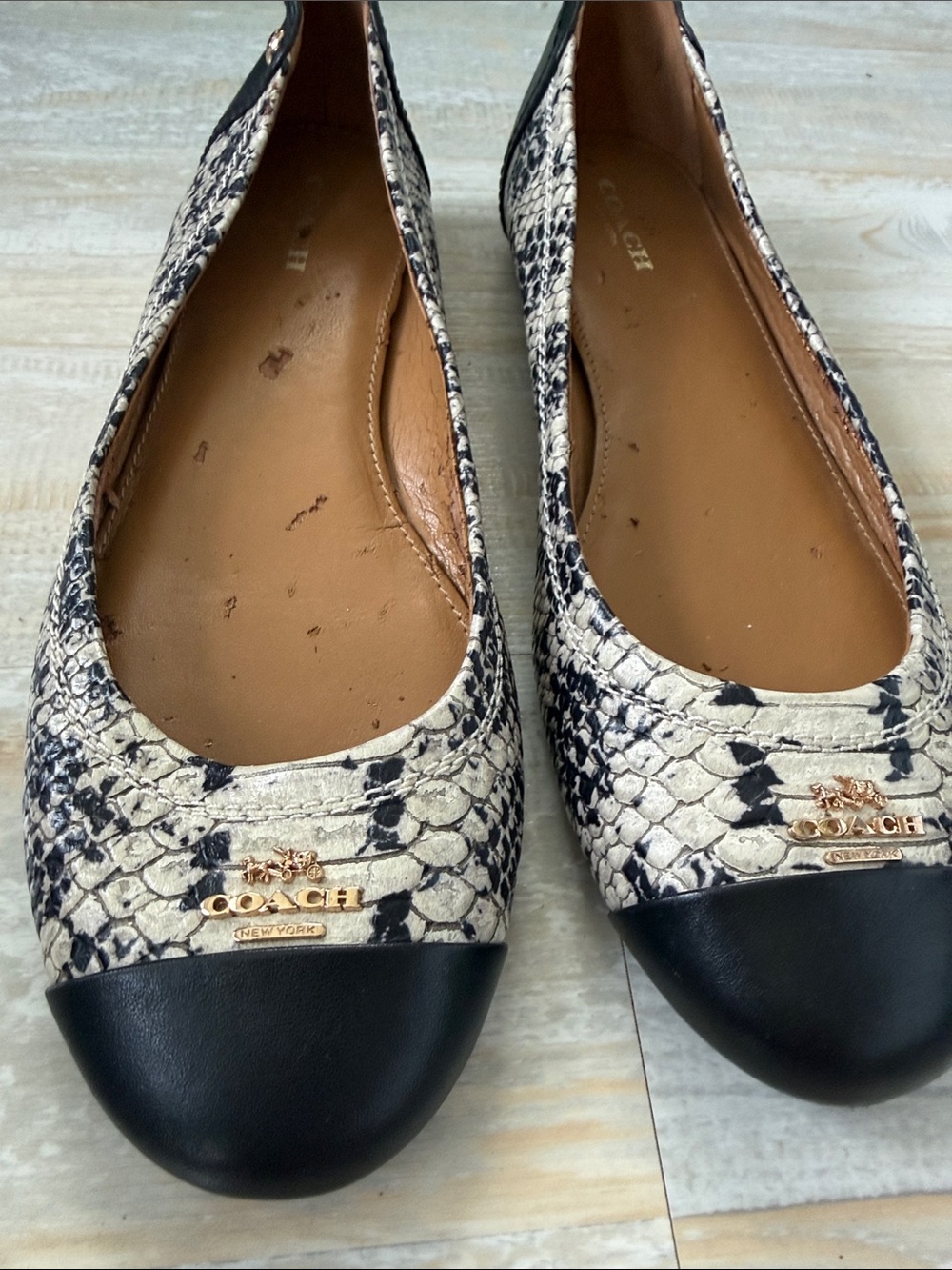 COACH Snake-Print Leather Ballet Flats with Black Cap Toe and Gold Logo